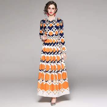 LLZACOOSH Toamna Designer de Moda Sărbătorile Maxi Rochie Femei, cu Maneci Lungi Talie Mare Epocă Geometrie Carouri Lungi Rochie Plisată