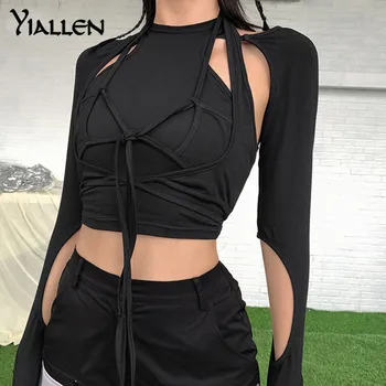 Yiallen Moda High Street Casual Din Bumbac Tricou Femei De Primăvară De Toamnă Negru Slim Streetwear Arc Bandaj T Shirt Doamnelor De Sus Fierbinte