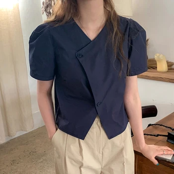Korejpaa Femei Cămașă De Vară 2021 Coreean Chic Nișă Design V-Neck Neregulate Butonul Vrac Solid De Culoare All-Meci Puff Maneca Bluza