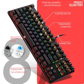 K400 Tastatură Mecanică,87-cheie USB Albastru/Negru Comutator Mixt Color cu iluminare din spate de Gaming Keyboard,Tastatura GamerComputer Accesorii