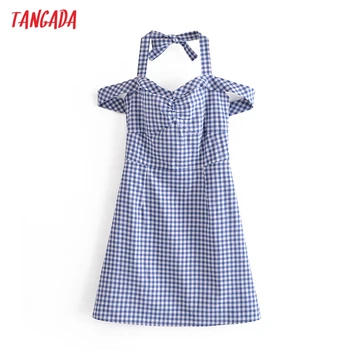Tangada 2021 Moda Femei Blue Plaid Print Halter Dress fără Mâneci fara Spate Femei Rochie Casual 6M30