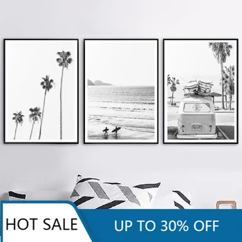 Plajă, Peisaj Tropical Arta de Perete, Panza Pictura, Postere, Printuri Palm Beach Surf Fotografie Alb-Negru Imagini de Decor Acasă