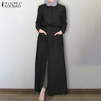 Musulmane Hijab Rochie de ZANZEA Femei Elegante Lungi Tricou Rochie Casual de Toamna Rever mâneci Lungi Cordon Sundress Abaya Vestido