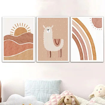 Boho Alfabetul Curcubeu Soare Alpaca Unicorn Arta De Perete Panza Pictura Nordică Postere Si Printuri Poze De Perete Copilul Decor Camera Pentru Copii