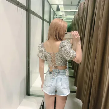 NWOMN Za Femei Bluza Floral Crop Top Femeie de Vară 2021 Trecut Legat Backless Sexy Top Elegant Scurt Puff Maneca Bluze de Moda