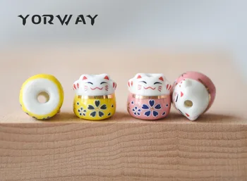 10buc/Mulțime de Portelan Cat Noroc Margele 13mm, Ceramică Maneki Neko, Forate cu Gaura Mare, Roz, Galben Kawaii Pisica-(80131)