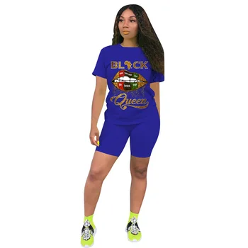 Femei Sport Regina Neagră Buzele Set de Două Piese T-shirt, Blaturi de Genunchi Lungime Jogger Sweatpant Costum de Trening Set de Potrivire Haine