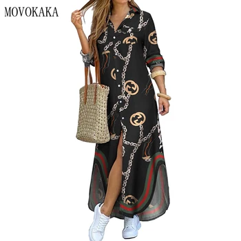 MOVOKAKA Moda Rochie Lungă Neagră Femei 2021 Casual Plus Dimensiune Halat cu Maneci Lungi Rochii de Femeie Elegant Buton de Cămașă de Imprimare Rochii