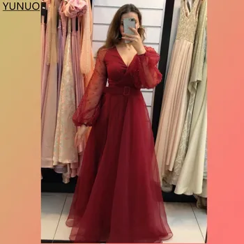 YUNUO Sexy Rosu-linie de Rochii de Seara Mâneci Lungi halat de serată longo 2021 Partea de Fantă V-neck Tul Rochie de Bal вечерние платья