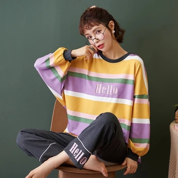 QUEENX Bumbac pentru Femei Pijama Set de Pijamale de Toamnă Și de Iarnă cu Mâneci Lungi Două Piese Vrac Versiunea coreeană Stil de Mari Dimensiuni