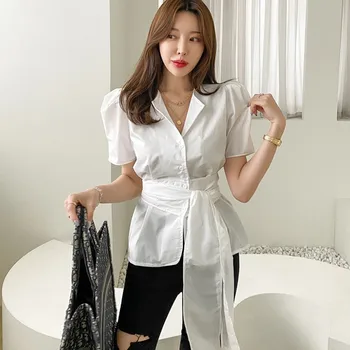 Coreea De Epocă Tricouri Femei Elegant Dantela-Up Slim Pieptul Singur Puff Maneca Bluza Office Lady Elegant 2021 Noi