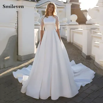 Smileven Elegant Satin Rochii de mireasă Jumătate Maneca Dantela Rochii de Mireasa Rochie de Mireasa Spate Deschis Vestido de novia 2021