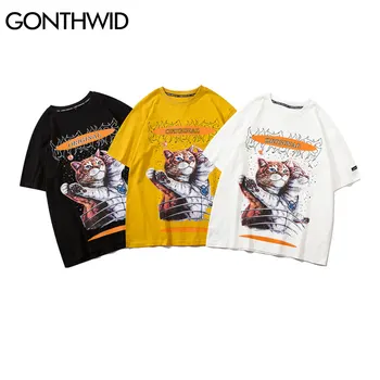 GONTHWID Tricouri Tricouri Gotice Punk Rock, Hip-Hop Harajuku Pisici Amuzante Print cu Maneci Scurte T-Shirt Casual Streetwear Topuri Largi de sex Masculin