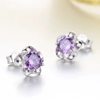 Simplu Argint 925 Femeie Moda Bijuterii De Înaltă Calitate Plum Blossom Violet Cristal Zircon Floare Retro Cercei Stud