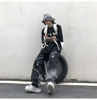 Coreeană de Moda Noua Ciucure Contrast Blugi Trendy Cool High Street Stil Harajuku Liber Margine Prime Blugi Bărbați la Modă