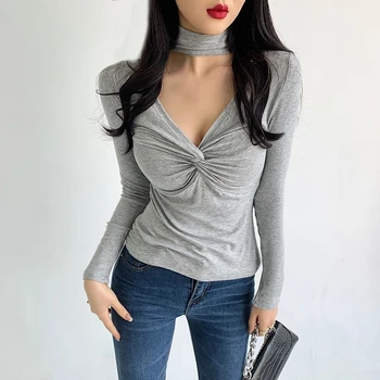 2021 V-Gât Adânc Sexy Top Elasticitatea Tricouri Femei Tricou Subtire Cu Maneca Lunga Tricou Topuri Primavara Toamna Coreeană De Moda De Îmbrăcăminte