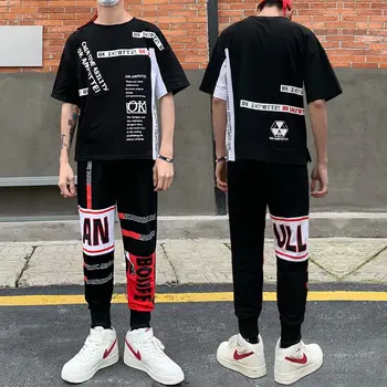 Moda pentru Bărbați Seturi coreean Tendință Scrisoarea Imprimate cu Maneci Scurte T Shirt+Casual Harajuku Streetwear pantaloni de Trening pentru Bărbați Seturi de Îmbrăcăminte