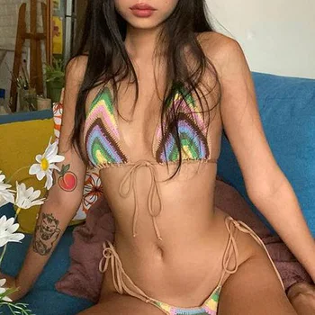 2021 Femei de Vara Sexy Ștreangul de Gât Bikini Close-montaj Înot Topuri Verde Dungă Model Topuri pentru Plajele S/ M/ L/ XL