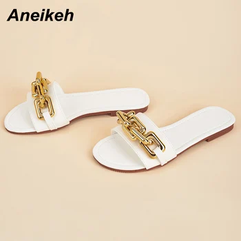 Aneikeh Pantofi Pentru Femei 2021 Moda de Vara Papuci de casă PU Toc Patrat Roma Peep Toe Concis Casual Superficial de Metal Solid elemente d