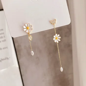 Coreeană Elegant Drăguț Mic Daisy Floare Cercei Stud Pentru Femei de Moda Fete Asimetrice Lanț Tassel Boucle D'oreille Bijuterii