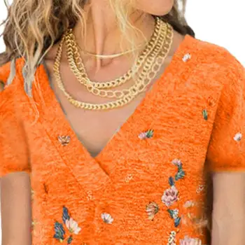 Femei de Îmbrăcăminte de Primăvară de Moda Toamna V-neck Casual Pierde T-shirt Floare de Imprimare Respirabil Poliester Bluza pentru Intalniri Plus Dimensiune