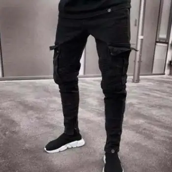 Europene Și Americane de Vânzare Fierbinte Stretch Blugi Barbati Tendință Multi-buzunar Negru Pur Picioare Mici cu Fermoar Pantaloni Casual Pantaloni