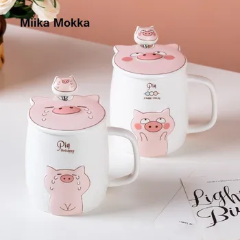 500mL Ceramica Porc Drăguț Cana cu Capac Lingura de Cana de Cafea cu Lapte Ceai Ceașcă de Apă Potabilă Pahare Tumbler Cadou Creativ Drinkware