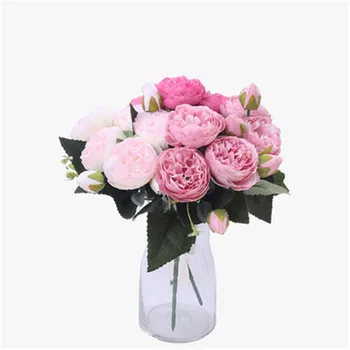 1 Buchet de 5 Capete de Flori Artificiale 30cm Rose Red Roz Decor Acasă de Mătase, Flori False Sala de Nunta Decor Partidul Bujor Pompoane