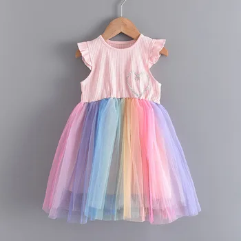 Rochie pentru Fete de Colorat Printesa Rochie de Vară pentru Copii Rochie de Petrecere Elegantă, Plasă de Costume Drăguț Curcubeu Vestidos Copii Rochie 2021