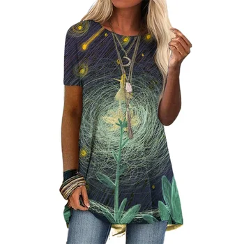 Moda de vara pentru Femei Maneci Scurte Digitale Imprimate T-shirt Liber Pulover Casual T-shirt Star Flower Print Plus Dimensiune S-5XL