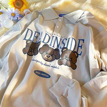 Vintage Ursul de Desene animate de Imprimare Tricouri POLO Tricou Femei Harajuku Designer Topuri cu Maneci Lungi 2021 Noua Moda Toamna Adolescenti Haine
