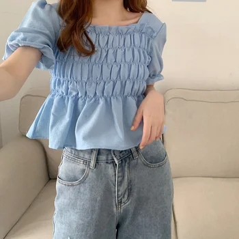 Bluze Femei Puff Maneca Scurta Trunchiate Solid Simplu Stil coreean Student de Vară Blând Feminino Topuri All-meci Moda de petrecere a timpului Liber