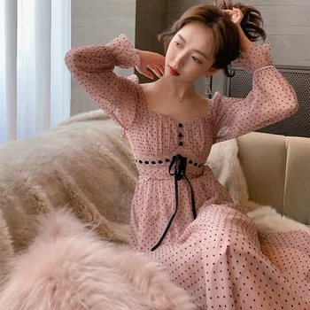 Franceză Vintage Rochie Midi Femei Puffer Maneca Pătrat Collor De Birou Elegant Rochie De Sex Feminin 2021 Primăvară Dot-O Singură Bucată Rochie Coreeană
