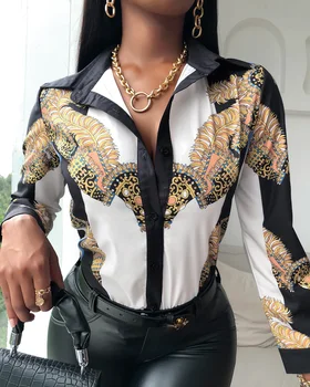 Femei Elegant Florale De Imprimare Bluza Tricou Primăvară Nouă Casual Cu Maneci Lungi Buton Topuri Lady Sexy Bandaj De Turn-Down Guler Bluza