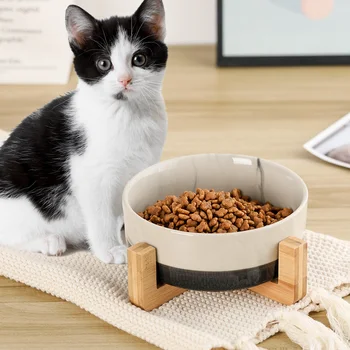 Pisici, Câini de talie Mică din Ceramică Cat Dog Bowl Vas cu Lemn Sta Nu Vărsați Alimente pentru animale de Companie de alimentare cu Apă