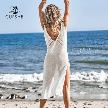 CUPSHE Fildeș V-gât Gol afară Acoperi Femeie costume de Baie Sexy Side Split fără Mâneci Plajă Rochie Midi 2021 Rochie de Vară pe Plajă