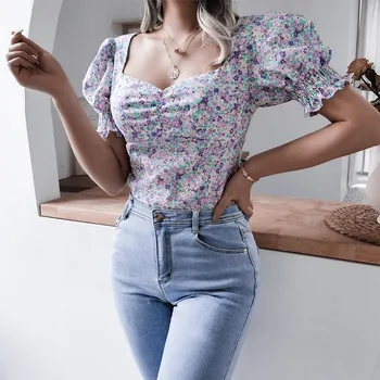Femei Guler Pătrat Sexy Backless De Imprimare Florale Șifon Bluza 2021 Vara Elegante, Feminine Felinar Scurt Maneca Tricou Ruch