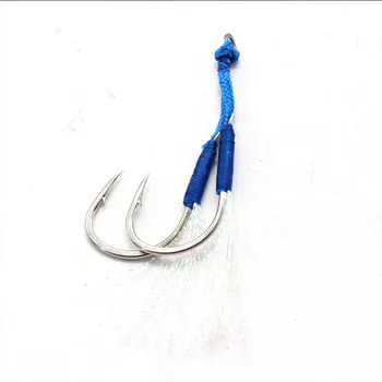 10Pair/Mulțime de Pene Albastre de Pescuit Jig Ajuta Cârlig 20# Jigging Fishjig Pereche de Dublu Ghimpată Ajuta Cârlige de Pescuit Solid Inel Jig Cârlige