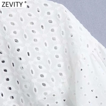 Zevity Noi Femei Croșetat Dantelă Liber Casual Bluza Alba Femme Gol Afară de Broderie Tricou Șic Felinar Maneca Blusas Topuri LS9016