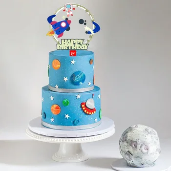 Planeta Acrilice Fericit Ziua de naștere Tort Toppers Transparent Astronaut Spațiu Toppers Tort pentru Petrecere de Aniversare pentru Copii Decoratiuni Cupcake