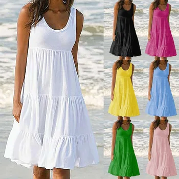 2021The nou rochie de moda de îmbrăcăminte pentru femei a pozat pe plaja rochie fără mâneci, guler rotund cusaturi de petrecere a timpului liber liber