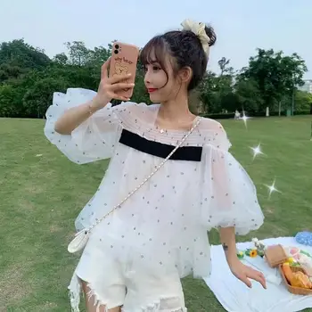 2021 Vara Puff Maneca Dantela Vintage Dot Bluze Femei Șifon Elegant Pe Un Umăr De Sus Famale Coreeană Stil Plajă Șifon Tricouri