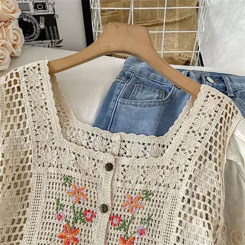 Scur Puff Maneca Designer Tricou Femei Broderii Florale Bluza Eleganta Coreean Elegant Dantela Bluze Tricotate Culturilor Sus