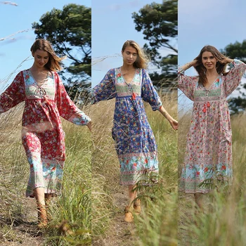 Raisevern De Vară 2020 Femei Florale Imprimate Boho Rochie Casual Cu Maneci Lungi Rochie Vintage Boem Rochie Vestidos