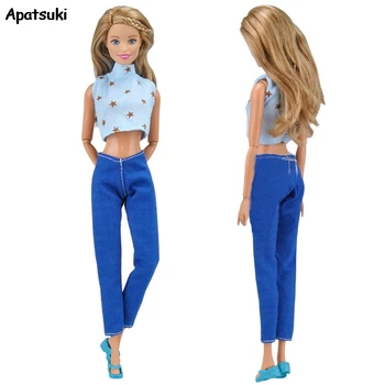 Lumina Albastră de Mare fără Mâneci Gât de Cinci Stele de Imprimare Topuri Creion lungime Pantaloni Pantaloni Haine pentru Păpuși Barbie Haine Accesorii DIY