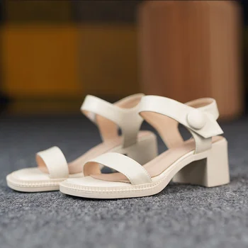 ZJVI Femeie 2021 4.5 cm Toc Patrat Sandale Pantofi Pentru Femei de Vara de Vacă din Piele Sandale Doamnelor Negru Fete de muncă Casual pantofi