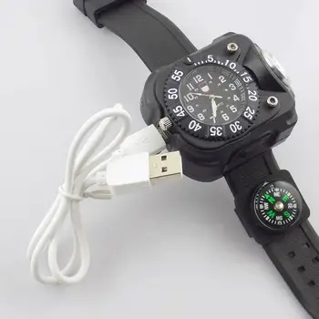3 în 1 LED Ceas de mână Lanterna Lanterna USB Reîncărcabilă Încheietura mâinii Tactic Model Impermeabil Mens Watch Lanterna Negru