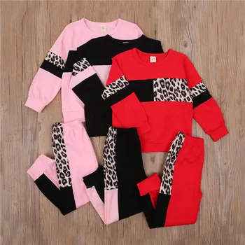 1-6Y Copii Seturi de Îmbrăcăminte de Moda Fete Copii Leopard de Imprimare Mozaic O-gât Pulovere Topuri+Pantaloni Treninguri Haine Sport