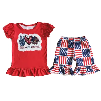 Cel Mai Bun De Vânzare De Ziua Independenței Vara Haine Copii Set Toddler Girls Top Roșu Și Pantaloni Scurți Costum Cu Floarea-Soarelui Print