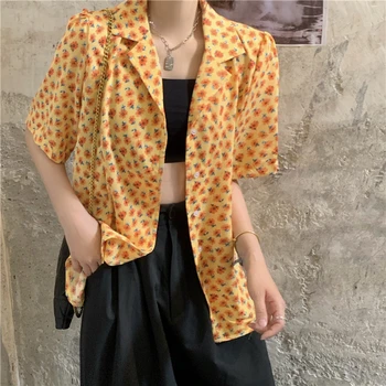 Moda pentru Femei Tricou Nou Stil coreean Liber Leneș Retro Cămăși cu mânecă Scurtă Mici Floral Bluza Guler de Turn-down Femei de Îmbrăcăminte